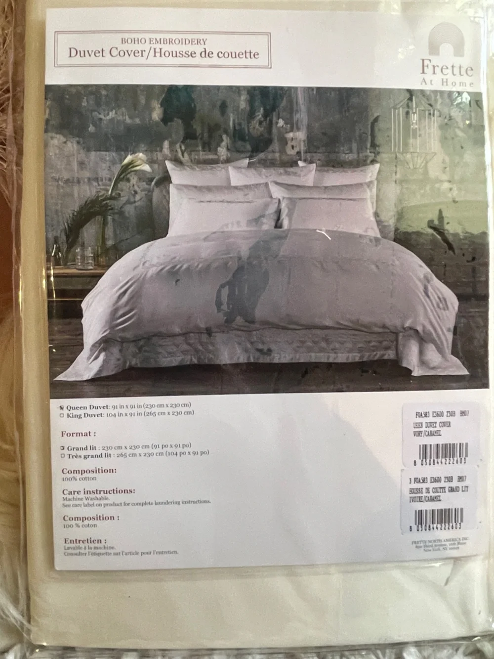 NWT FRETTE Boho Embroidery QUEEN Duvet Cover in Cream
